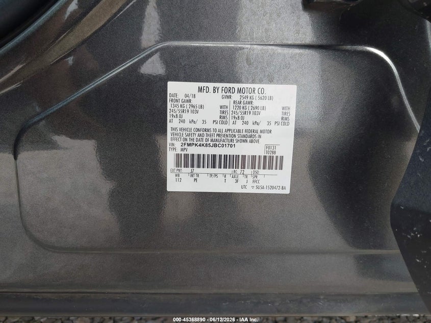 2018 Ford Edge VIN 2FMPK4K85JBC01701 IAAI salvage auction — HAIL, Clear (Missouri), sold $3,300 on 2026-07-10 (photo 9)