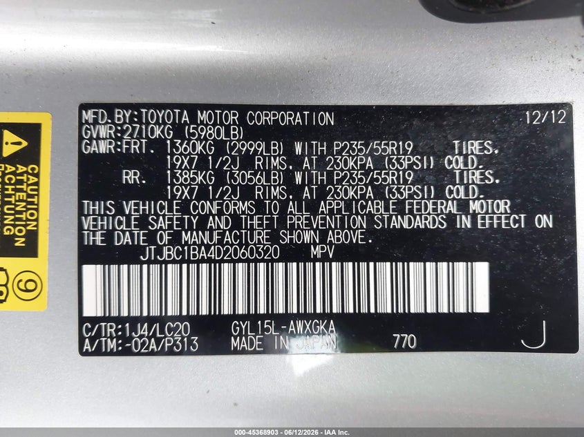 2013 Lexus Rx VIN JTJBC1BA4D2060320 IAAI salvage auction — LEFT FRONT, Salvage Title, sold $6,150 on 2026-07-30 (photo 9)