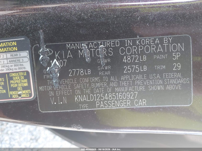 2008 Kia Amanti VIN KNALD125485160927 IAAI salvage auction — LEFT SIDE, Salvage (Ohio), sold $225 on 2026-07-06 (photo 9)