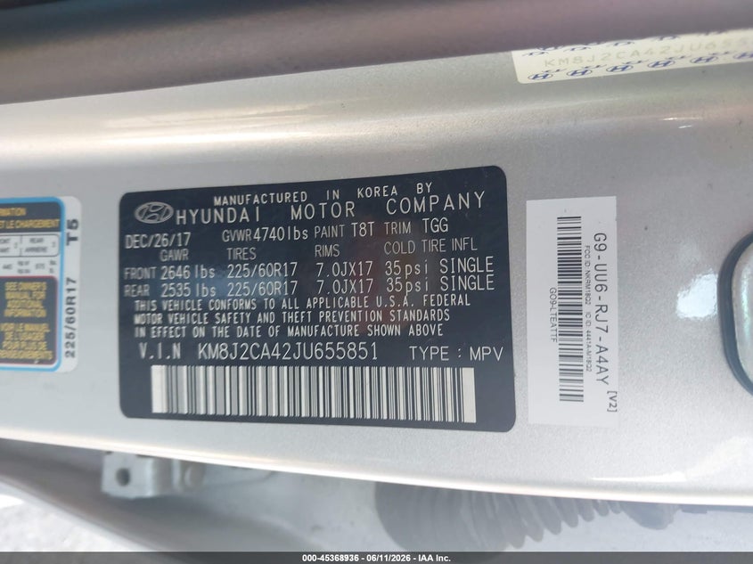 2018 Hyundai Tucson VIN KM8J2CA42JU655851 IAAI salvage auction — NORMAL WEAR, Sf97 (Ohio), sold $8,800 on 2026-07-15 (photo 9)