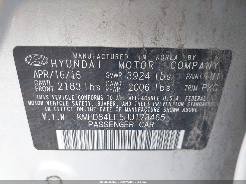 2017 Hyundai Elantra VIN KMHD84LF5HU173465 IAAI salvage auction — FRONT END, Salvage Title, sold $1,150 on 2026-08-02 (photo 9)