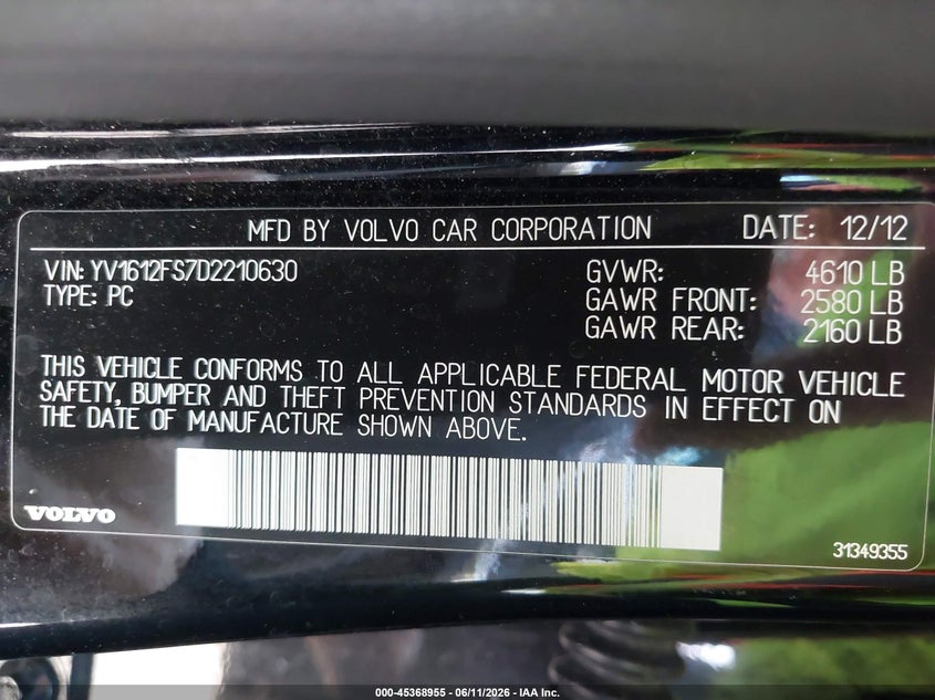 2013 Volvo S60 VIN YV1612FS7D2210630 IAAI salvage auction — FRONT END, Clear (Michigan), sold $400 on 2026-07-13 (photo 9)