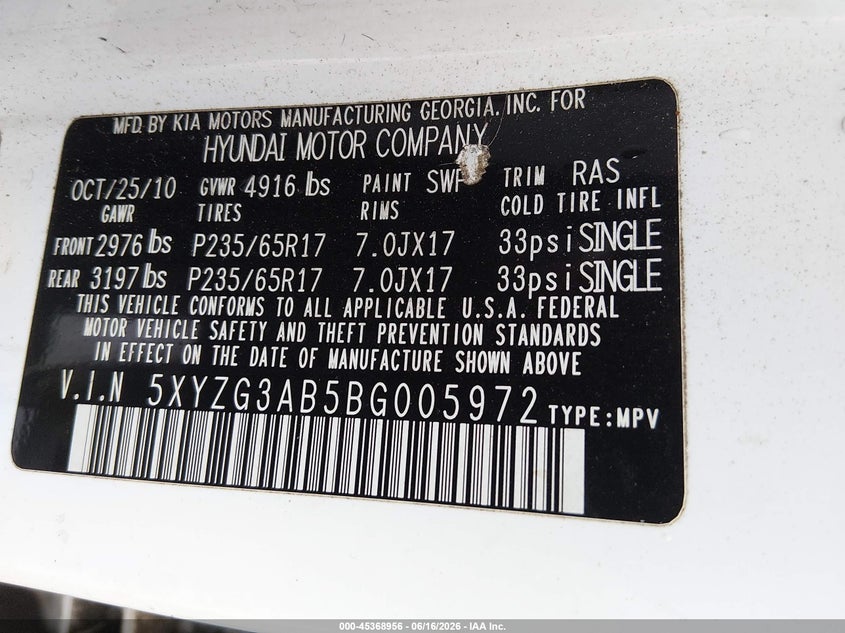 2011 Hyundai Santa fe VIN 5XYZG3AB5BG005972 IAAI salvage auction — FRONT END, Salvage (North Carolina), sold $450 on 2026-07-16 (photo 9)