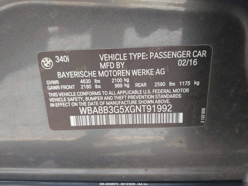 2016 BMW 3er VIN WBA8B3G5XGNT91992 IAAI salvage auction — FRONT END, Clear (Michigan), sold $3,825 on 2026-07-27 (photo 9)