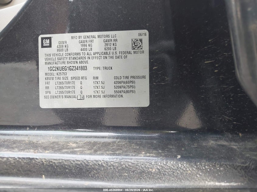 2016 Chevrolet Silverado 2500 VIN 1GC2KUEG1GZ341803 IAAI salvage auction — LEFT & RIGHT, Sf97 (Washington), sold $5,100 on 2026-07-29 (photo 9)