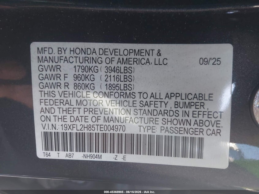 2026 Honda Civic VIN 19XFL2H85TE004970 IAAI salvage auction — SIDE, Salvage Title, sold $9,600 on 2026-08-23 (photo 9)