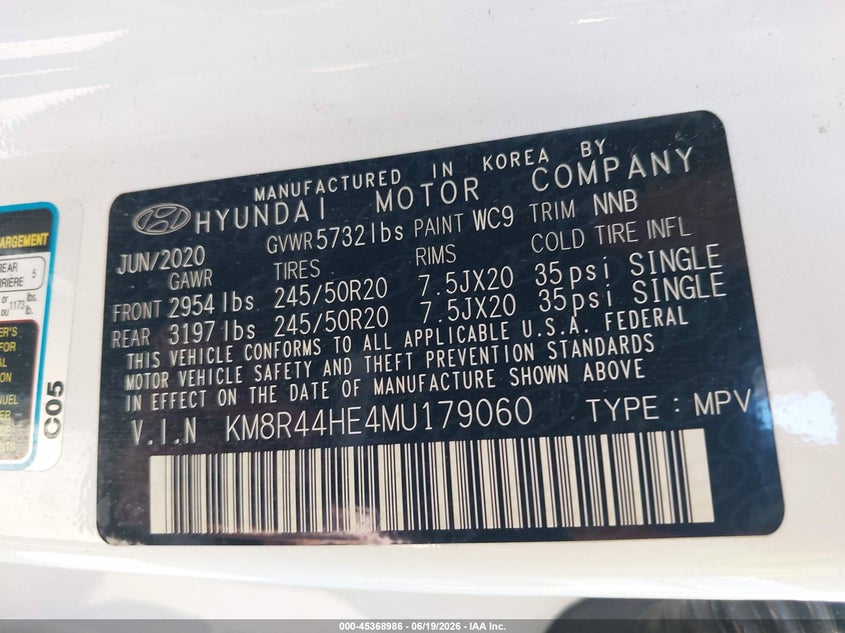 2021 Hyundai Palisade VIN KM8R44HE4MU179060 IAAI salvage auction — HAIL, Salvage (Ohio), sold $11,175 on 2026-07-07 (photo 9)