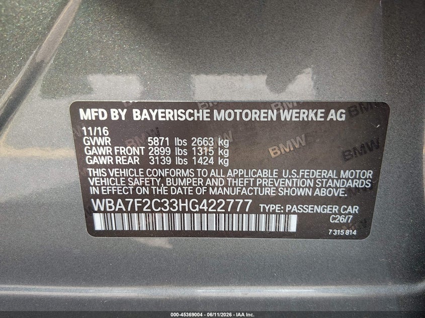 2017 BMW 7er VIN WBA7F2C33HG422777 IAAI salvage auction — SUSPENSION, Repossession Paperwork (Georgia), sold $25 on 2026-07-29 (photo 9)