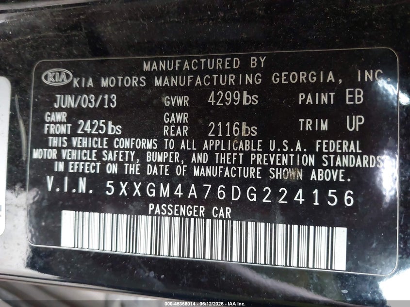 2013 Kia Optima VIN 5XXGM4A76DG224156 IAAI salvage auction — NORMAL WEAR, Clear (Tennessee), sold $225 on 2026-07-16 (photo 9)
