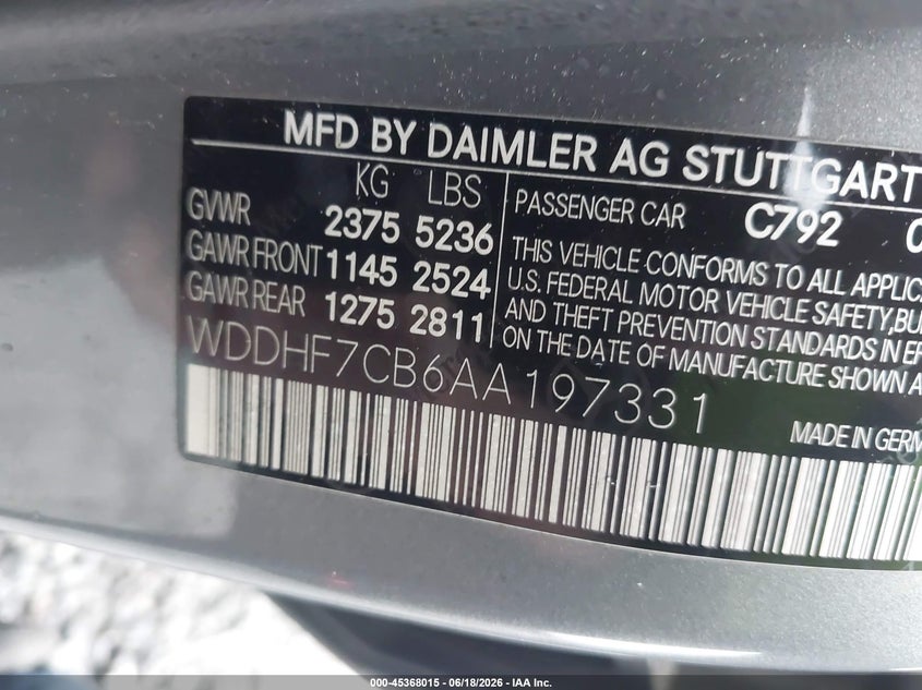 2010 Mercedes-benz E-class VIN WDDHF7CB6AA197331 IAAI salvage auction — SIDE, Clear (Florida), sold $450 on 2026-07-23 (photo 9)