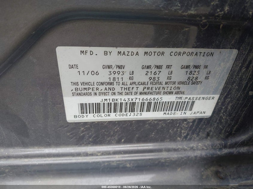 2007 Mazda 3 VIN JM1BK143X71666865 IAAI salvage auction — NORMAL WEAR, Clear (Washington), sold $275 on 2026-07-08 (photo 9)
