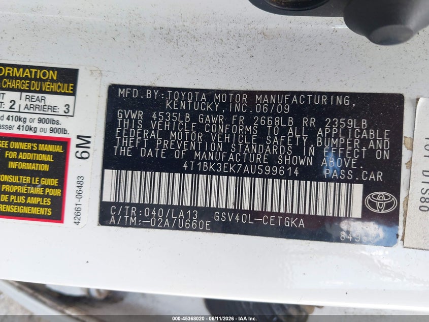2010 Toyota Camry VIN 4T1BK3EK7AU599614 IAAI salvage auction — RIGHT SIDE, Repossession Paperwork (Georgia), sold $1,275 on 2026-07-09 (photo 9)