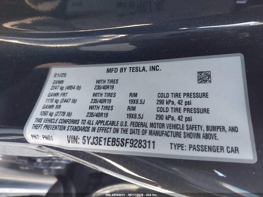 2025 Tesla Model 3 VIN 5YJ3E1EB5SF928311 IAAI salvage auction — RIGHT REAR, Salvage Title, sold $3,700 on 2026-07-29 (photo 9)