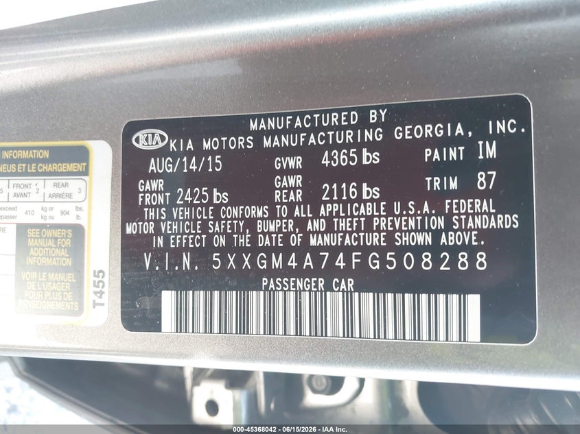 2015 Kia Optima VIN 5XXGM4A74FG508288 IAAI salvage auction — NORMAL WEAR, Clear (Florida), sold $475 on 2026-07-30 (photo 9)