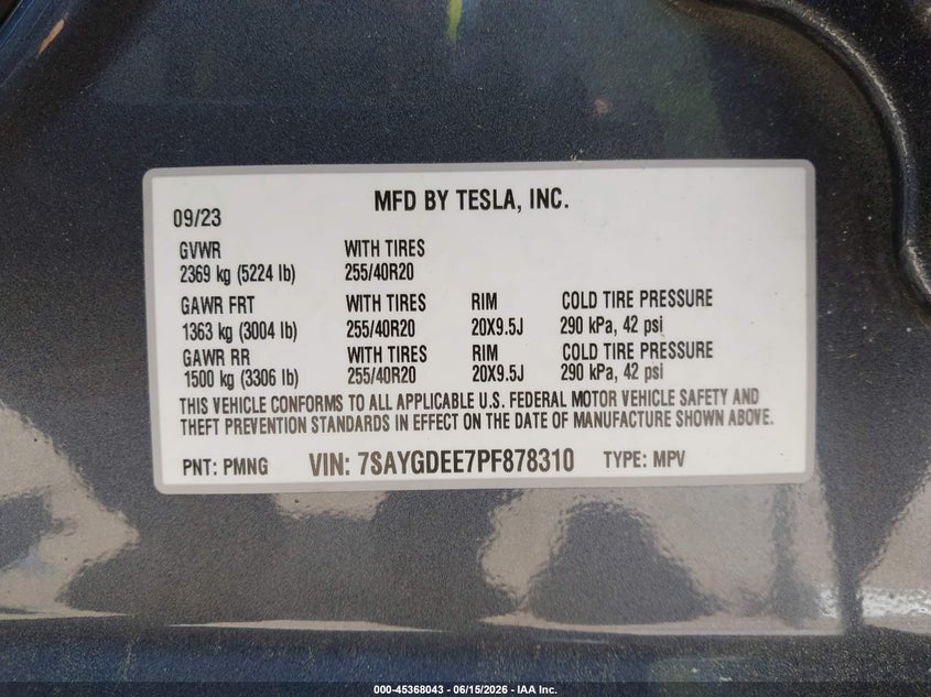 2023 Tesla Model y VIN 7SAYGDEE7PF878310 IAAI salvage auction — REAR END, Salvage Title, sold $10,000 on 2026-07-21 (photo 9)