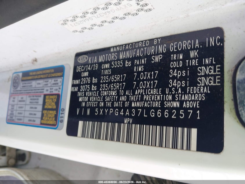 2020 Kia Sorento VIN 5XYPG4A37LG662571 IAAI salvage auction — NORMAL WEAR, Repossession Paperwork (Georgia), sold $2,225 on 2026-07-22 (photo 9)