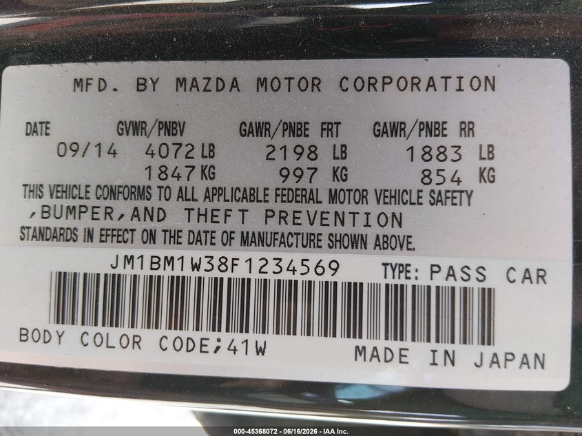 2015 Mazda 3 VIN JM1BM1W38F1234569 IAAI salvage auction — FRONT & REAR, Salvage (Kansas), sold $975 on 2026-07-09 (photo 9)