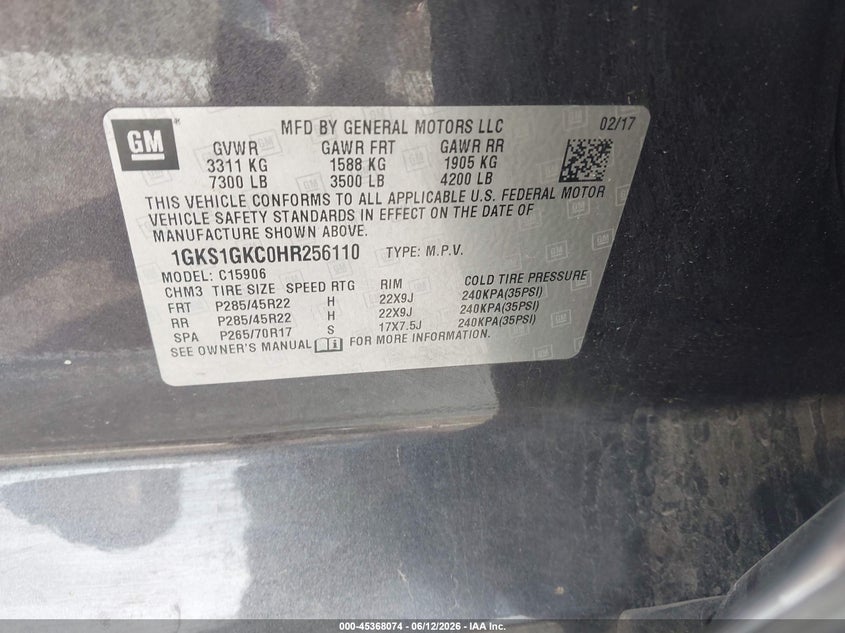 2017 Gmc Yukon xl VIN 1GKS1GKC0HR256110 IAAI salvage auction — RIGHT FRONT, Clear (Tennessee), sold $5,300 on 2026-07-07 (photo 9)