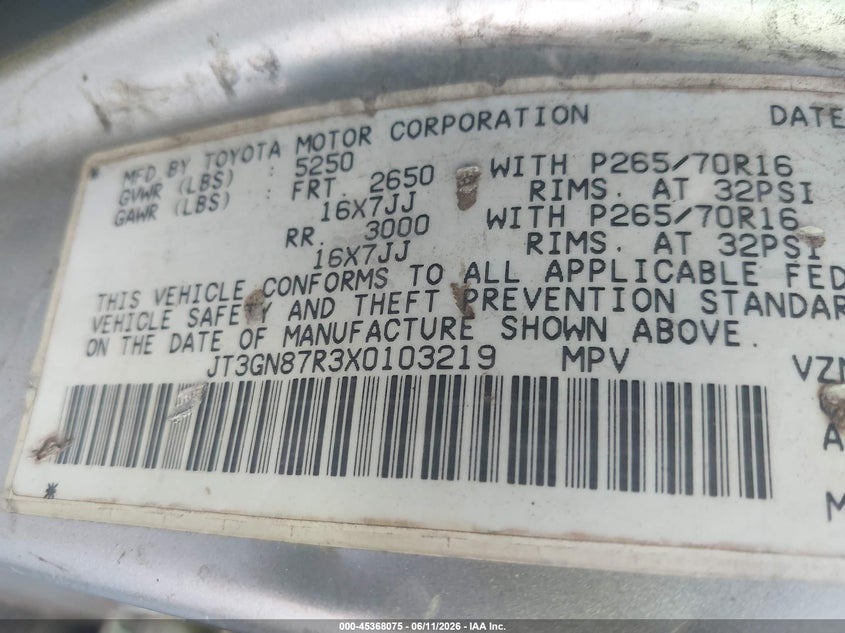 1999 Toyota 4runner VIN JT3GN87R3X0103219 IAAI salvage auction — NORMAL WEAR, Repossession Paperwork (Georgia), sold $300 on 2026-07-29 (photo 9)
