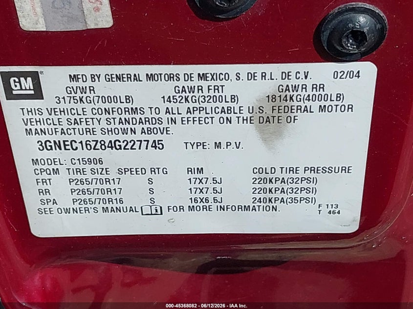 2004 Chevrolet Suburban 1500 VIN 3GNEC16Z84G227745 IAAI salvage auction — FRONT END, Original (Texas), sold $1,450 on 2026-07-08 (photo 9)
