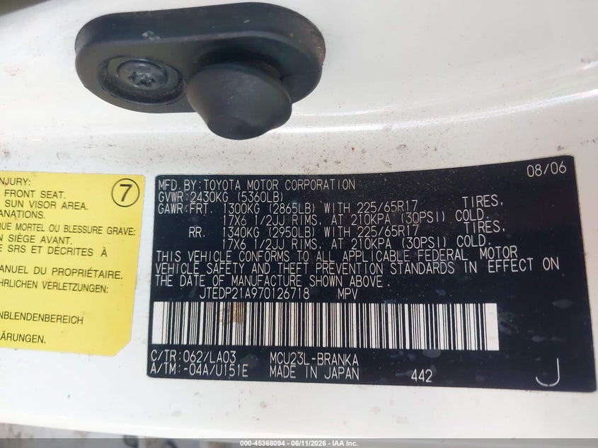 2007 Toyota Highlander VIN JTEDP21A970126718 IAAI salvage auction — FRONT END, Clear (Arizona), sold $1,000 on 2026-07-14 (photo 9)