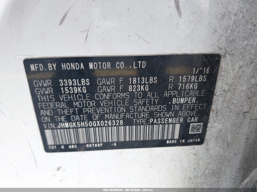 2016 Honda Fit VIN JHMGK5H50GX026328 IAAI salvage auction — FRONT END, Rebuildable (Florida), sold $1,600 on 2026-07-16 (photo 9)