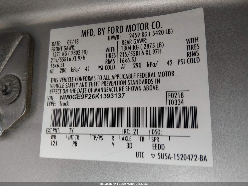 2019 Ford Transit connect VIN NM0GE9F26K1393137 IAAI salvage auction — REAR END, Salvage (Louisiana), sold $1,000 on 2026-07-13 (photo 9)