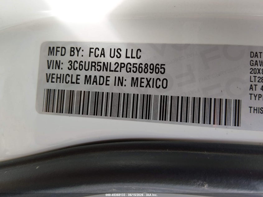 2023 Ram 2500 VIN 3C6UR5NL2PG568965 IAAI salvage auction — RIGHT REAR, Salvage Title, sold $20,100 on 2026-07-21 (photo 9)