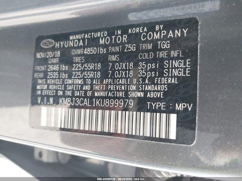 2019 Hyundai Tucson VIN KM8J3CAL1KU899979 IAAI salvage auction — REAR END, Salvage (Indiana), sold $4,300 on 2026-07-15 (photo 9)