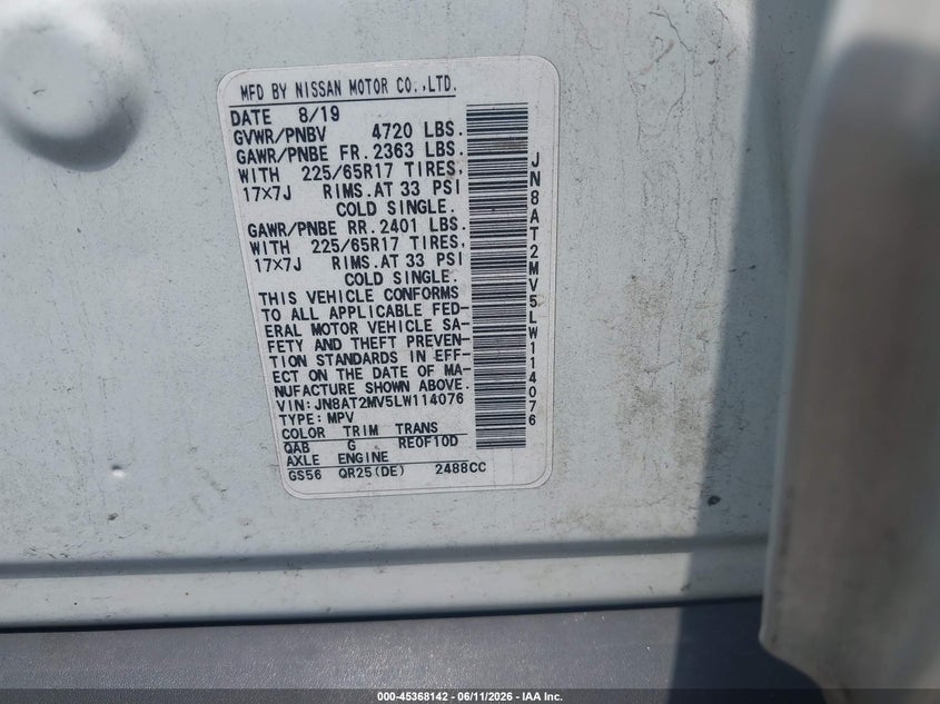 2020 Nissan Rogue VIN JN8AT2MV5LW114076 IAAI salvage auction — NORMAL WEAR, Clear (New York), sold $1,250 on 2026-07-21 (photo 9)