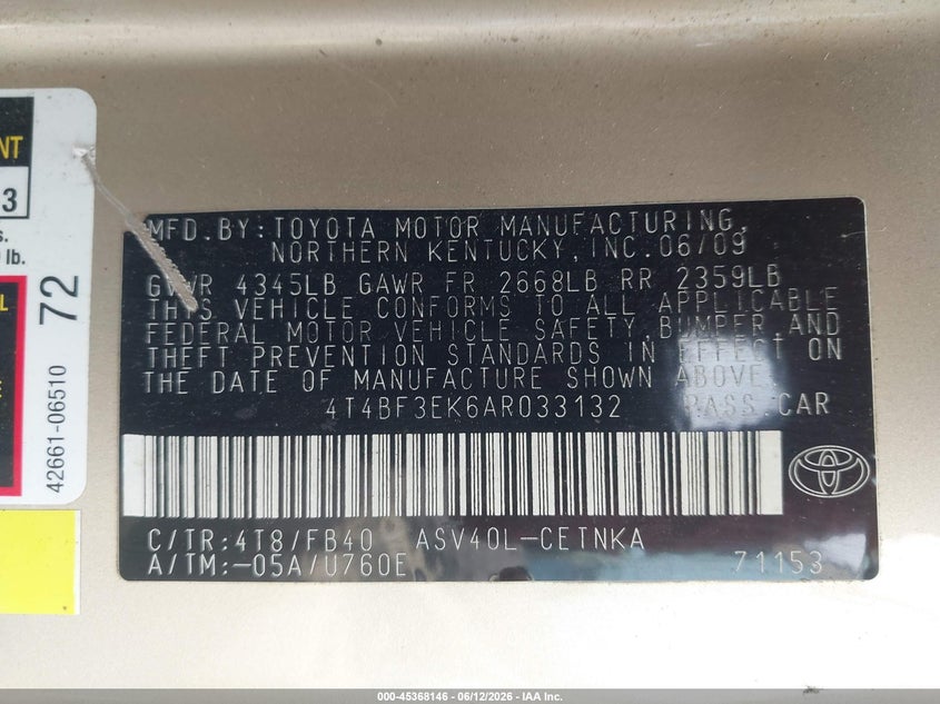 2010 Toyota Camry VIN 4T4BF3EK6AR033132 IAAI salvage auction — FRONT & REAR, Repossession Paperwork (Georgia), sold $475 on 2026-07-09 (photo 9)