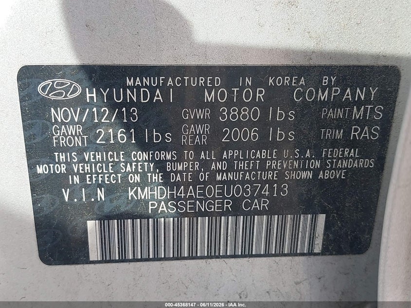 2014 Hyundai Elantra VIN KMHDH4AE0EU037413 IAAI salvage auction — NORMAL WEAR, Clear (Maryland), sold $900 on 2026-07-09 (photo 9)