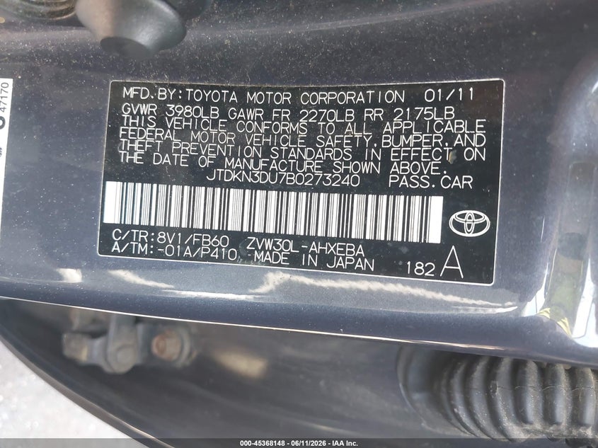 2011 Toyota Prius VIN JTDKN3DU7B0273240 IAAI salvage auction — RIGHT SIDE, Clear (Maryland), sold $500 on 2026-07-07 (photo 9)