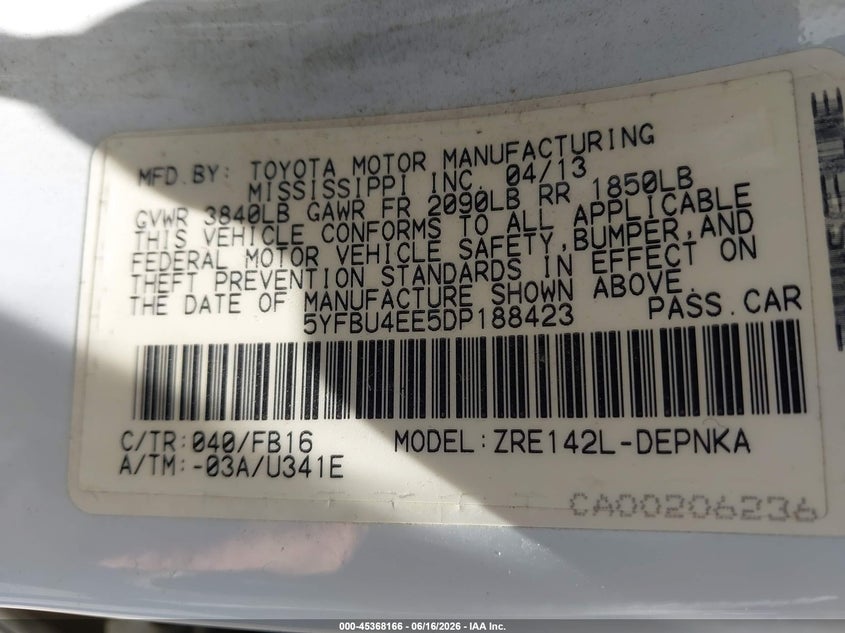 2013 Toyota Corolla VIN 5YFBU4EE5DP188423 IAAI salvage auction — NORMAL WEAR, Clear (Virginia), sold $1,750 on 2026-07-14 (photo 9)