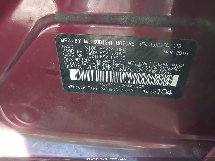 2017 Mitsubishi Mirage VIN ML32F3FJXHH000306 IAAI salvage auction — LEFT REAR, Clear (Virginia), sold $925 on 2026-07-23 (photo 9)