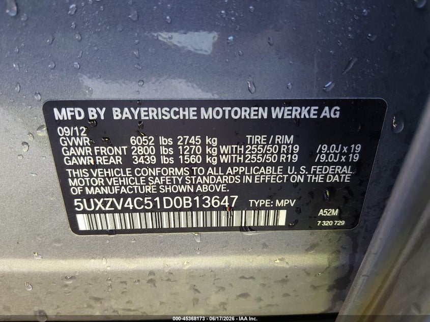 2013 BMW X5 VIN 5UXZV4C51D0B13647 IAAI salvage auction — HAIL, Salvage (Missouri), sold $1,450 on 2026-07-21 (photo 9)