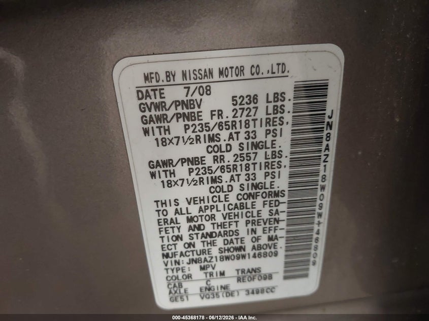 2009 Nissan Murano VIN JN8AZ18W09W146809 IAAI salvage auction — REAR END, Salvage (Colorado), sold $275 on 2026-07-20 (photo 9)
