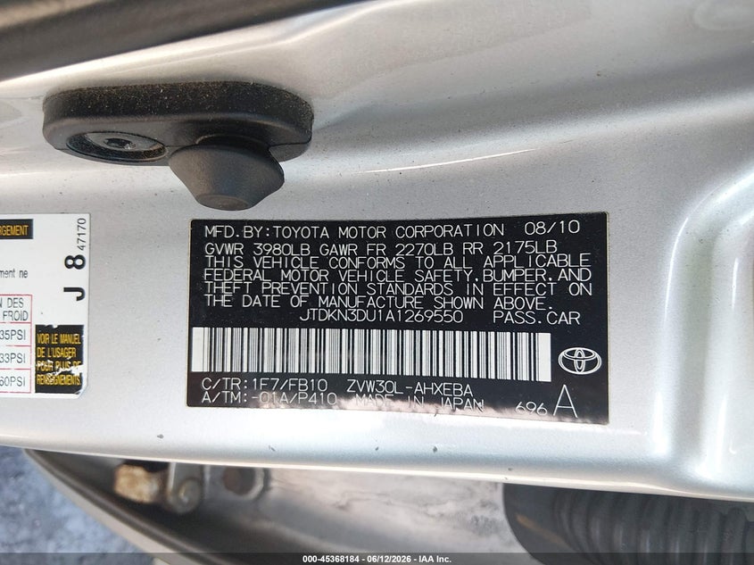 2010 Toyota Prius VIN JTDKN3DU1A1269550 IAAI salvage auction — LEFT REAR, Salvage (New Jersey), sold $850 on 2026-07-27 (photo 9)