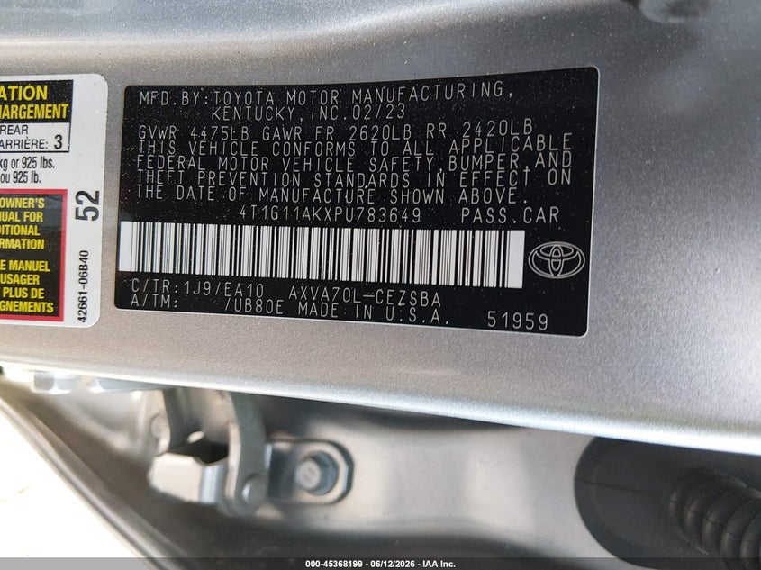 2023 Toyota Camry VIN 4T1G11AKXPU783649 IAAI salvage auction — REAR END, Salvage (Georgia), sold $6,100 on 2026-07-11 (photo 9)