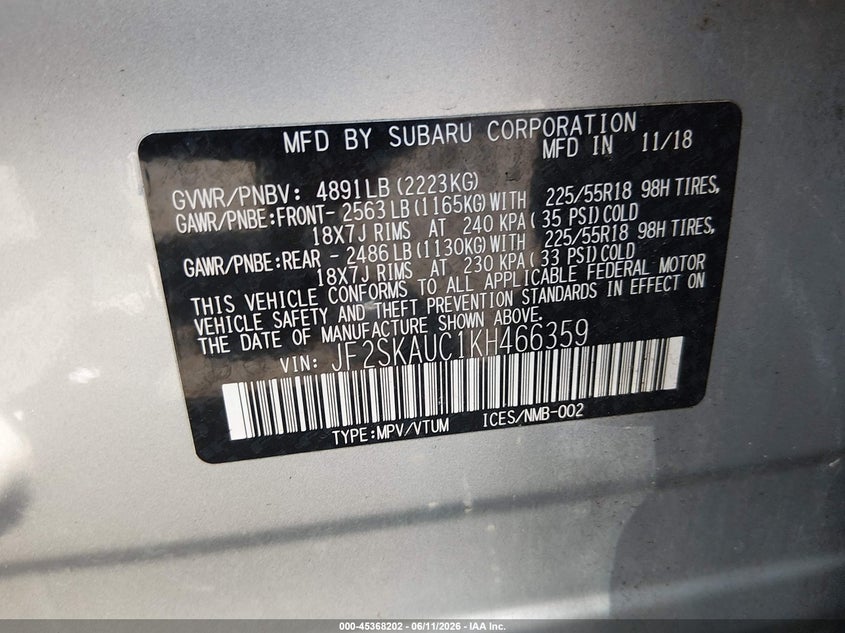 2019 Subaru Forester VIN JF2SKAUC1KH466359 IAAI salvage auction — NORMAL WEAR, Clear (Florida), sold $3,025 on 2026-07-10 (photo 9)