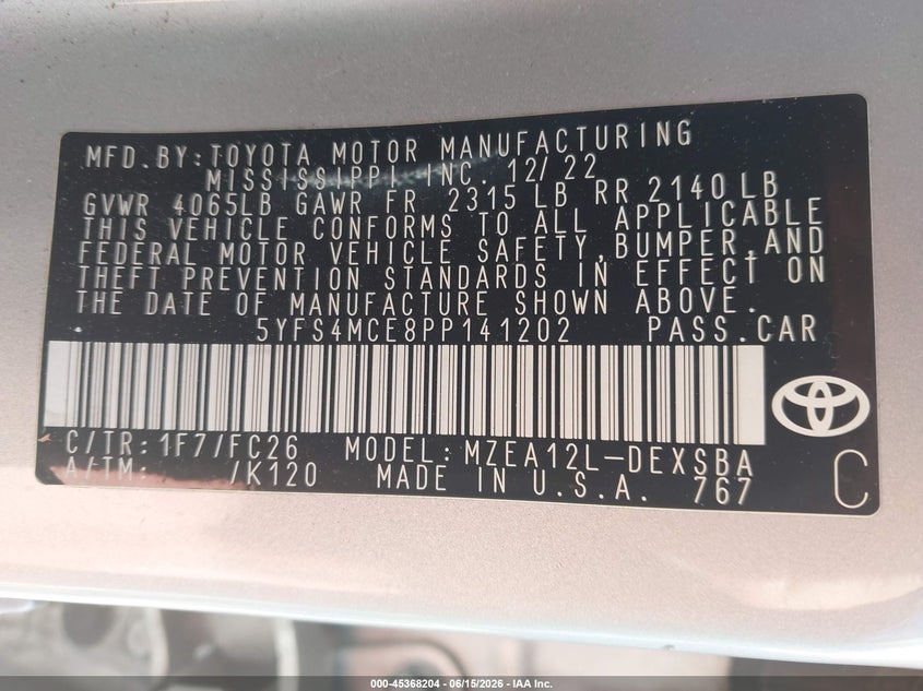2023 Toyota Corolla VIN 5YFS4MCE8PP141202 IAAI salvage auction — RIGHT FRONT, Salvage (Massachusetts), sold $3,125 on 2026-07-14 (photo 9)