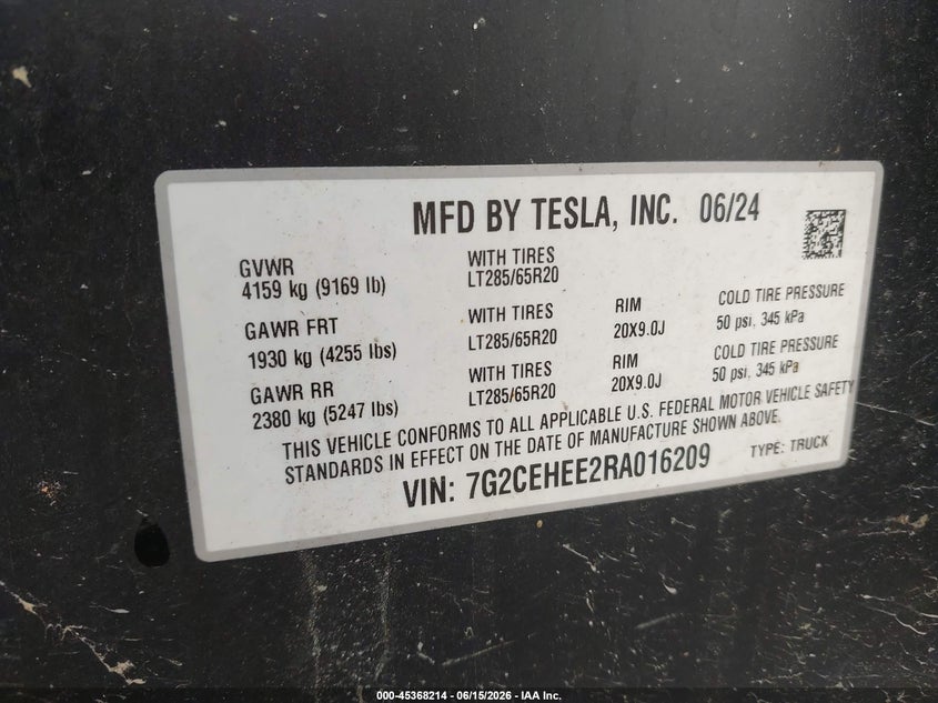 2024 Tesla Cybertruck VIN 7G2CEHEE2RA016209 IAAI salvage auction — ALL OVER, Salvage Title, sold $16,600 on 2026-09-03 (photo 9)