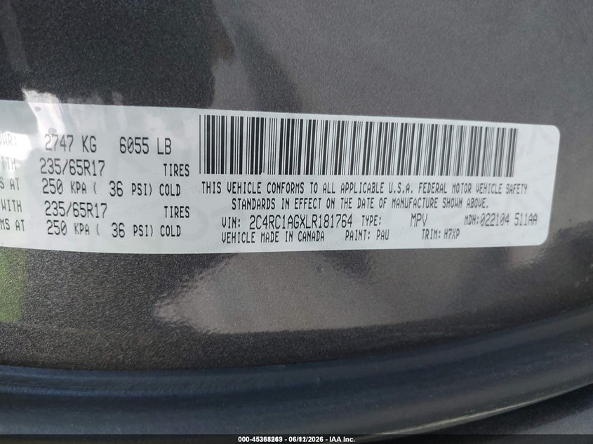 2020 Chrysler Voyager VIN 2C4RC1AGXLR181764 IAAI salvage auction — NORMAL WEAR, Sf97 (Texas), sold $10,150 on 2026-08-04 (photo 9)