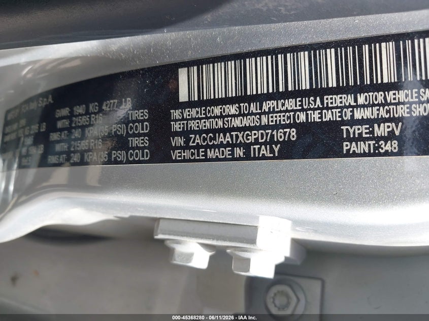 2016 Jeep Renegade VIN ZACCJAATXGPD71678 IAAI salvage auction — NORMAL WEAR, Clear (Arkansas), sold $1,175 on 2026-07-29 (photo 9)