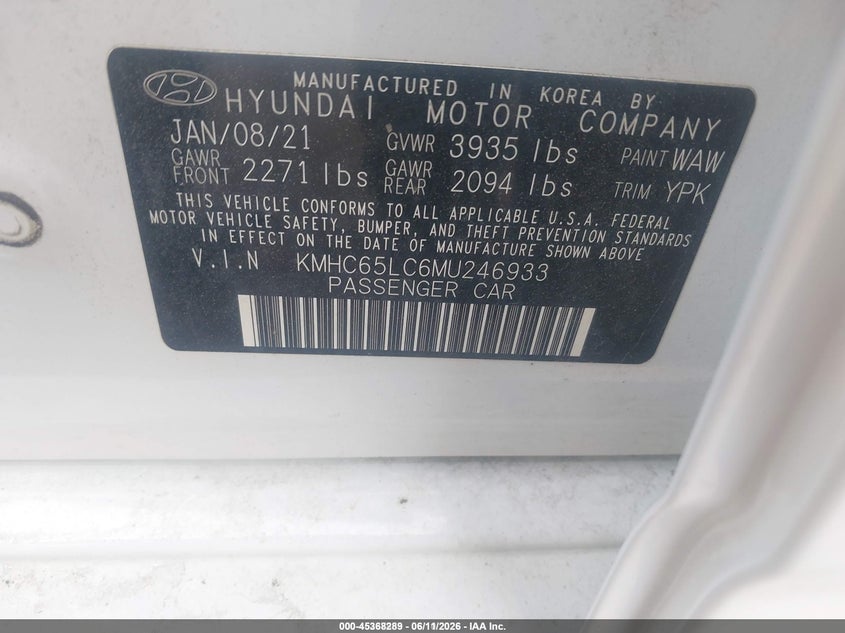 2021 Hyundai Ioniq hybrid VIN KMHC65LC6MU246933 IAAI salvage auction — SIDE, Sf97 (Vermont), sold $4,975 on 2026-07-23 (photo 9)