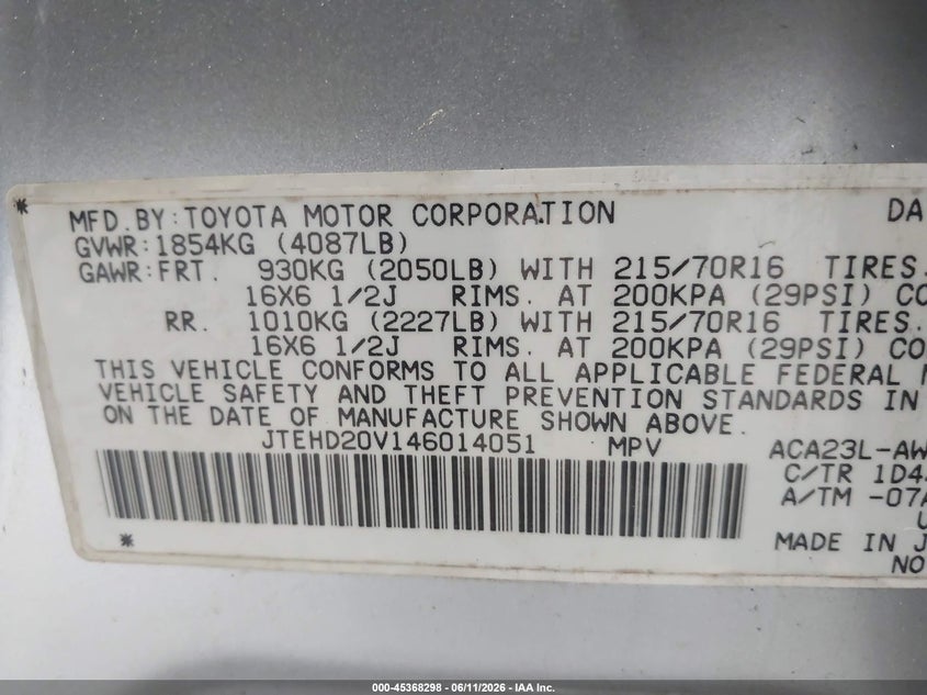 2004 Toyota Rav4 VIN JTEHD20V146014051 IAAI salvage auction — NORMAL WEAR, Clear (New York), sold $375 on 2026-07-08 (photo 9)