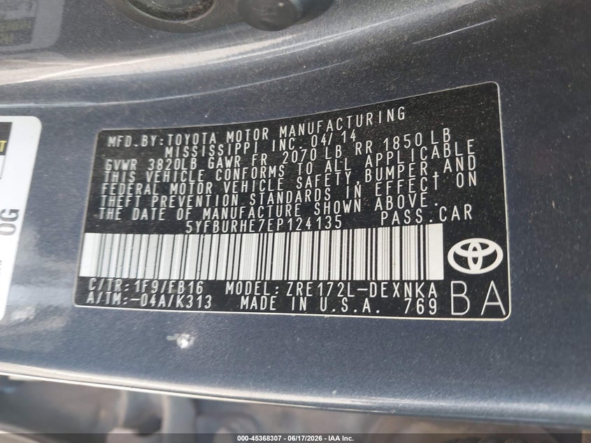 2014 Toyota Corolla VIN 5YFBURHE7EP124135 IAAI salvage auction — RIGHT REAR, Salvage (North Carolina), sold $2,150 on 2026-07-09 (photo 9)