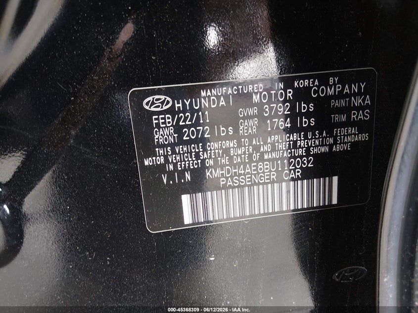 2011 Hyundai Elantra VIN KMHDH4AE8BU112032 IAAI salvage auction — FRONT END, Salvage (Maine), sold $350 on 2026-07-27 (photo 9)