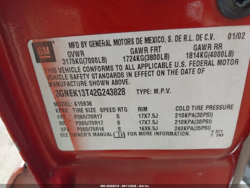 2002 Chevrolet Avalanche VIN 3GNEK13T42G243828 IAAI salvage auction — LEFT FRONT, Clear (Florida), sold $1,500 on 2026-07-19 (photo 9)