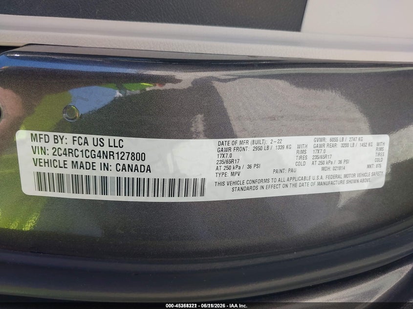 2022 Chrysler Voyager VIN 2C4RC1CG4NR127800 IAAI salvage auction — NORMAL WEAR, Sf97 (Texas), sold $14,100 on 2026-08-04 (photo 9)